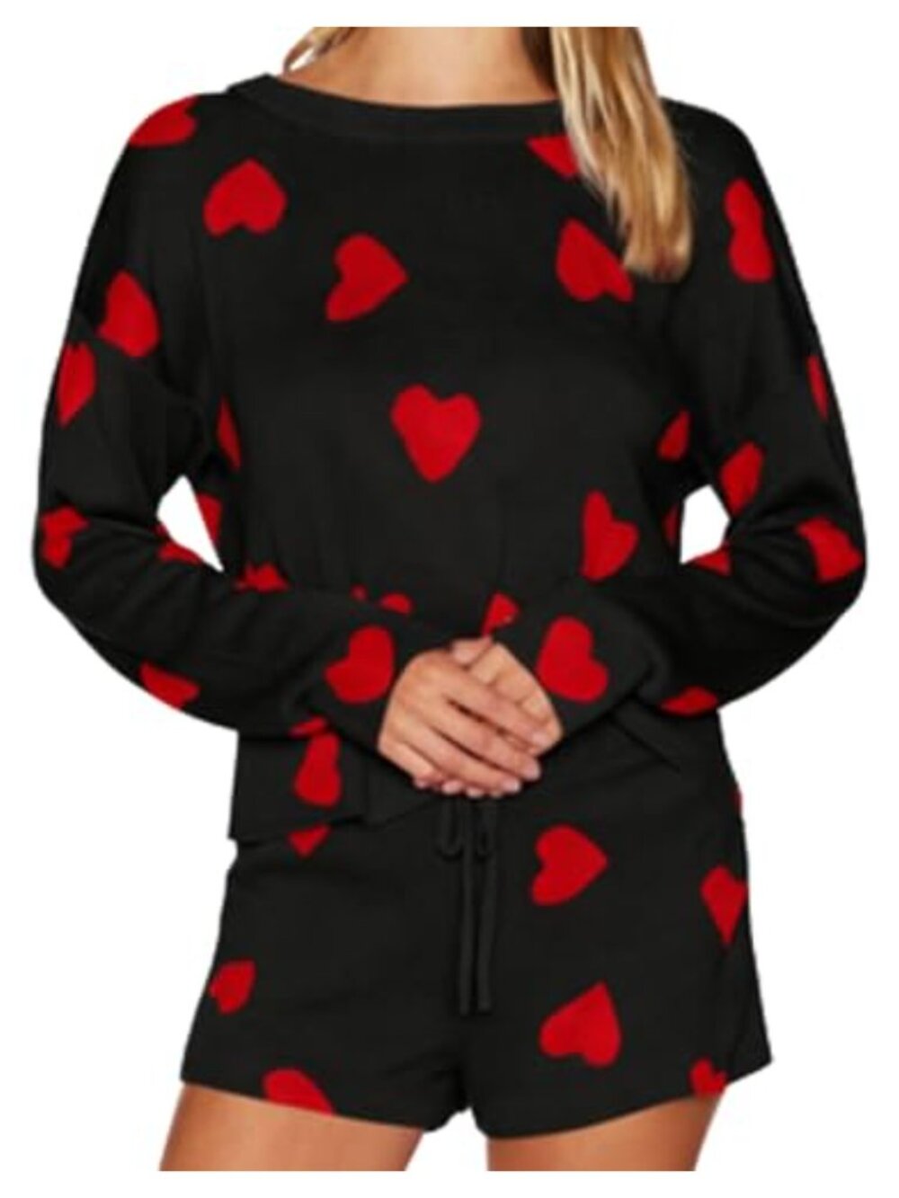 Womens 2 Piece Pajama Set Long Sleeve Heart Print Top Drawstring Shorts
